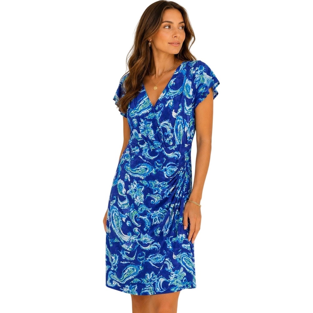 Ralph Lauren | Dresses | Lauren Ralph Lauren Blue Paisley Floral Faux Wrap Ruched Jersey Dress 4w
